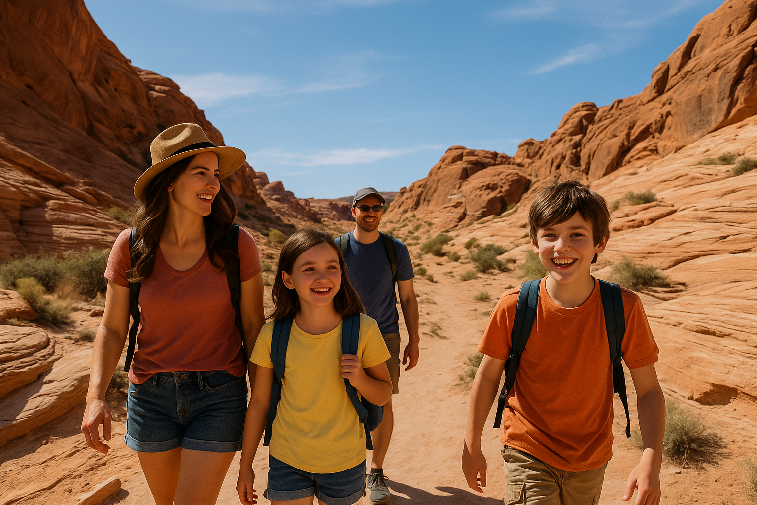 Family hiking at Valley of Fire State Park